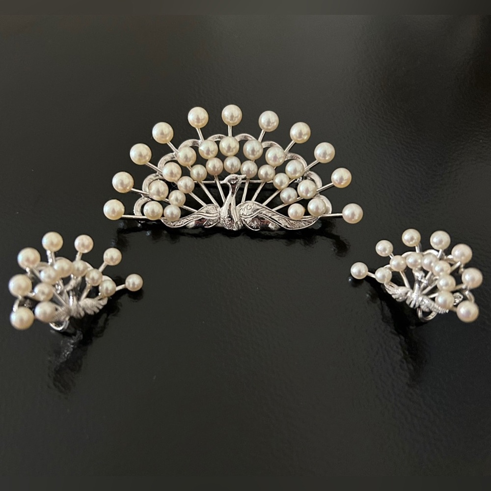 Vintage Furuya Japan Fine Cultured Pearl & Sterling Peacock Brooch and Earring